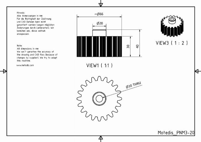 PA Spur gear Module 3, 20 teeth with 30mm width - Bore 10 mm