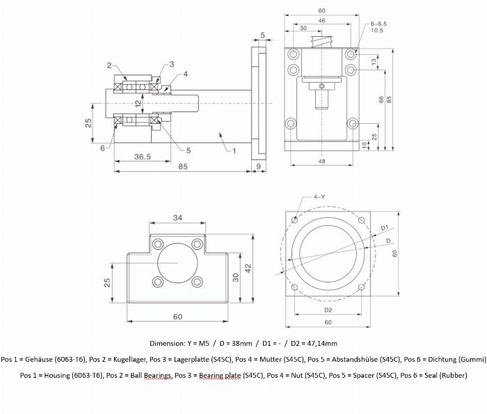 Fixed bearing BF12-57 incl. engine Mount NEMA23 in Black Aluminum