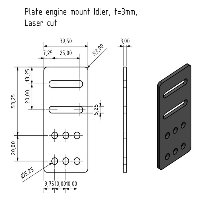 Plate engine mount Idler, t=3mm, Laser cut