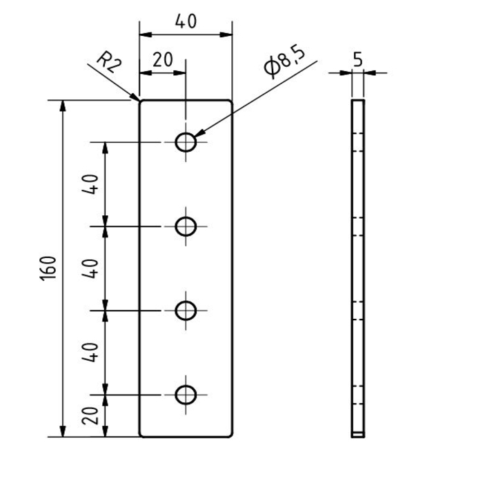 Connector plate 40x160x5, Laser cut