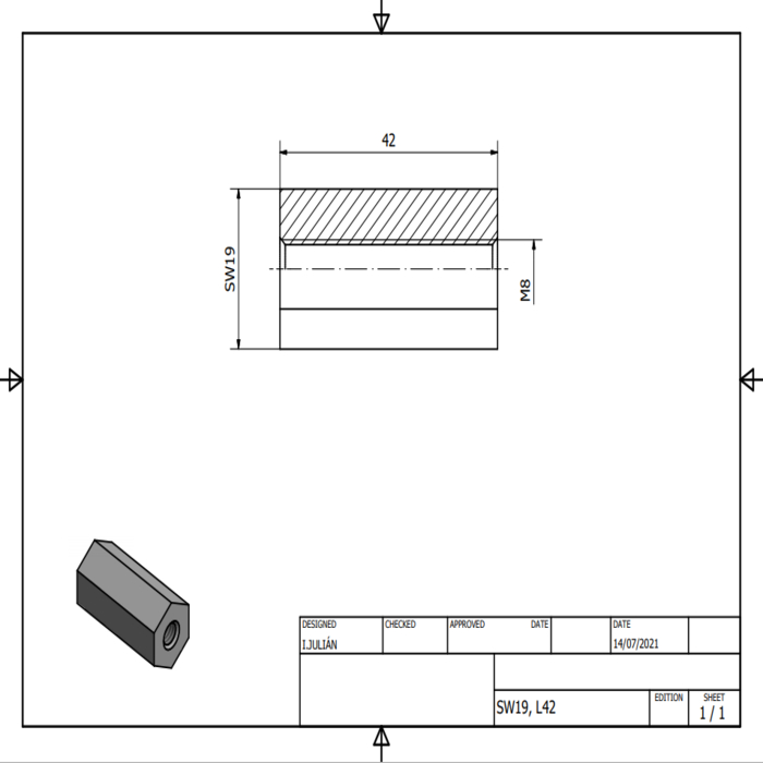 Aluminium hexagon SW19 length 42mm M8 all the way through